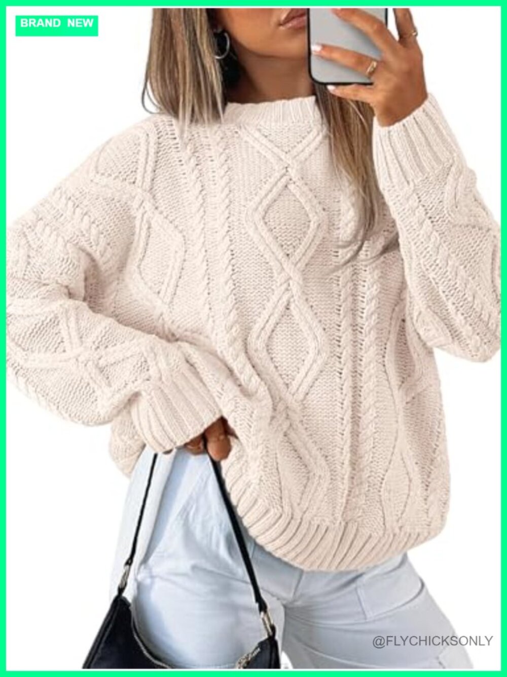 Oversized Cable Knit Sweater Pullover Crew Neck Long Sleeve Fall Layering